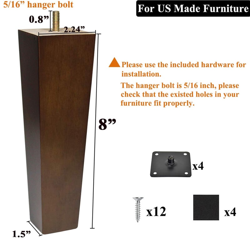 AORYVIC Wood Furniture Legs 8 inch Sofa Legs Set of 4 Square Replacement Legs Brown for MCM Ottoman Armchair Recliner Coffee Table Dresser - Image 2